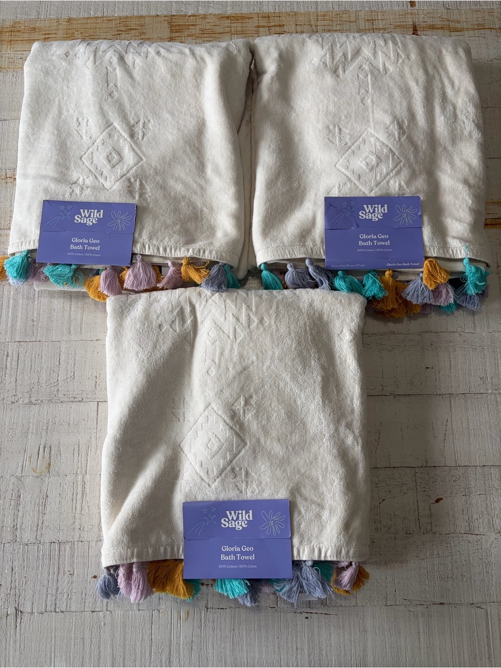 Wild Sage NWT Gloria Geo Bath Towel Set of 3 100% Cotton Cream Boho Tassels